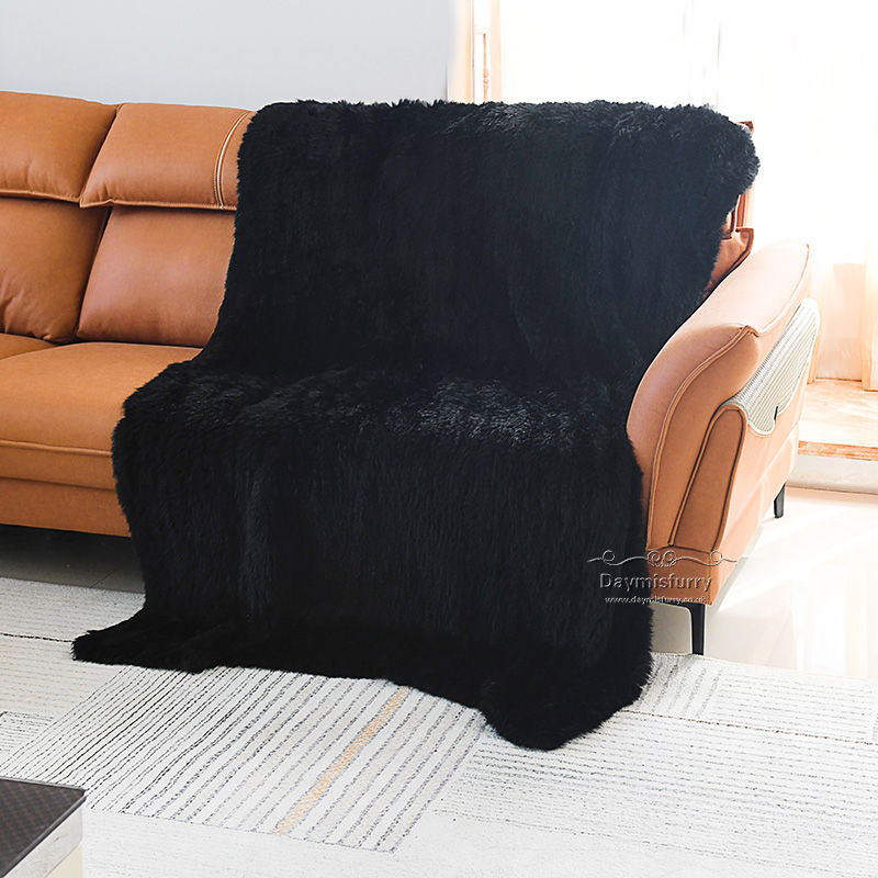 Thumbnail: Knit Rabbit Fur Throw Blanket in Black - 59x79"