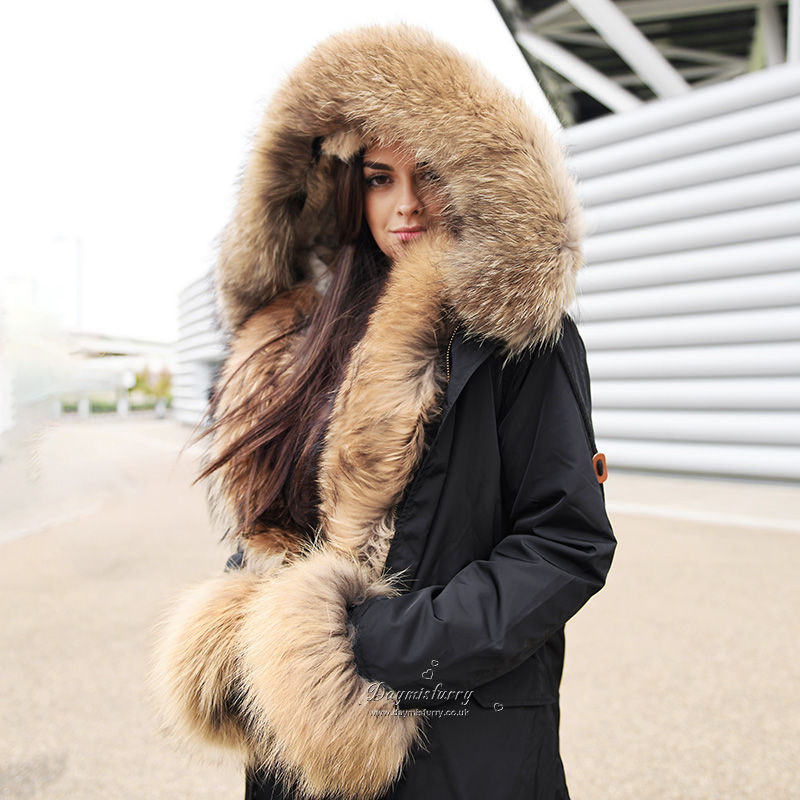 Thumbnail: Rabbit Fur Lined Parka With Raccoon Fur Trim and Cuff