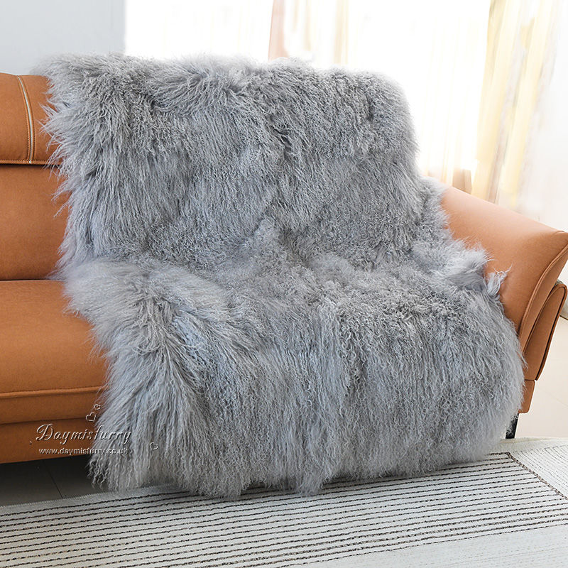 Thumbnail: Mongolian Sheepskin Throw Blanket in Grey