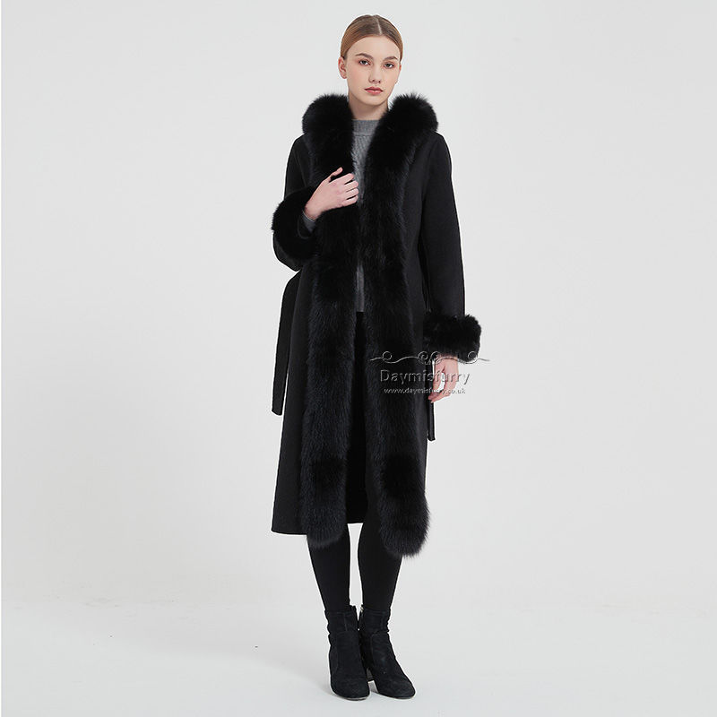 Thumbnail: Cashmere Wool Hooded Coat With Fox Fur Trim in Black