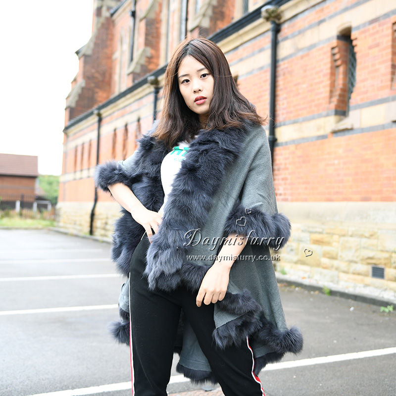 Thumbnail: Layered  Fox Fur Trim Cape in Grey