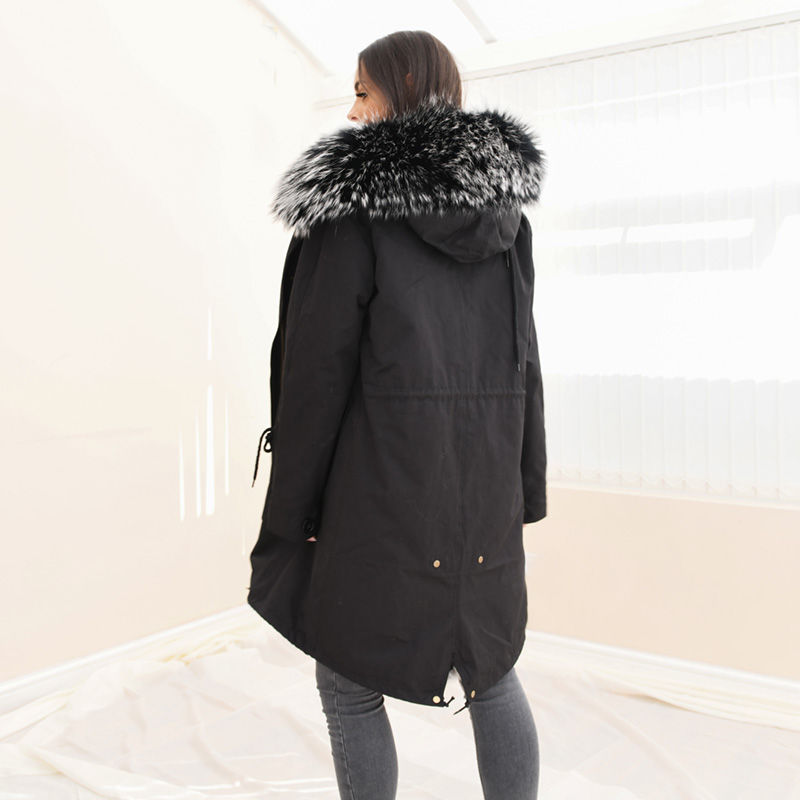 Thumbnail: Rabbit Fur Parka Coat with Raccoon Fur Collar