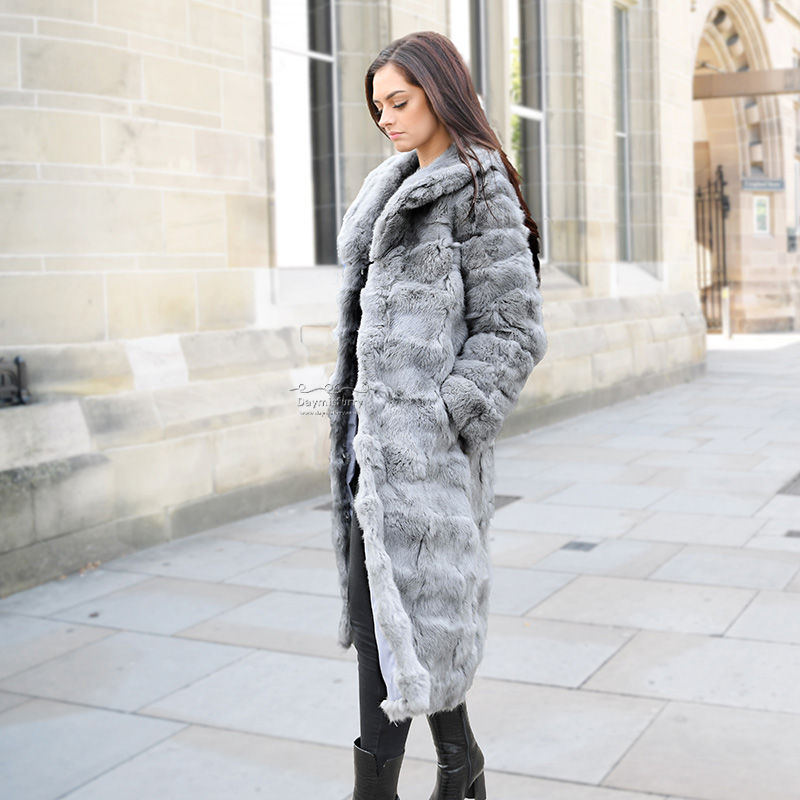 Thumbnail: Rabbit Fur Long Coat in Grey