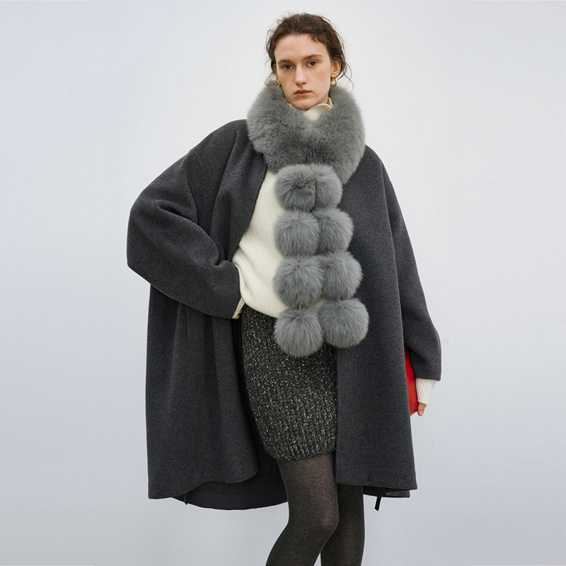 Thumbnail: Fox Fur Pom Pom Scarf in Grey / Black