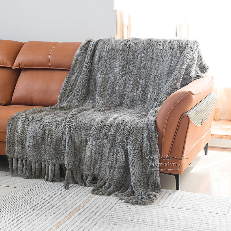Thumbnail: Knit Rabbit Fur Throw With Tassels  in Natural Grey  - 51x71"