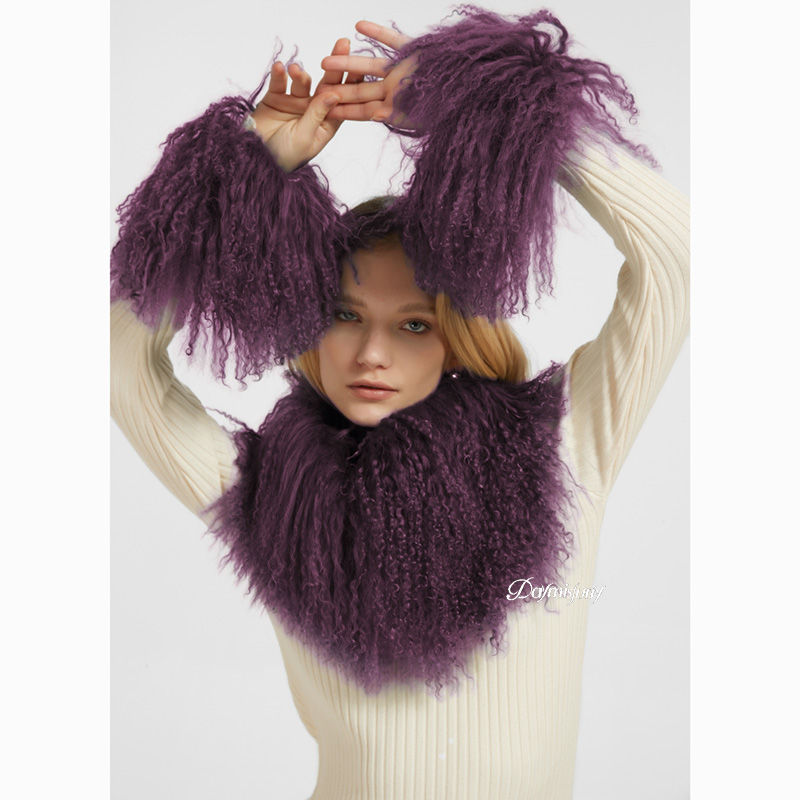 Thumbnail: Mongolian Lamb Fur Scarf & Bracelet Set in Plum