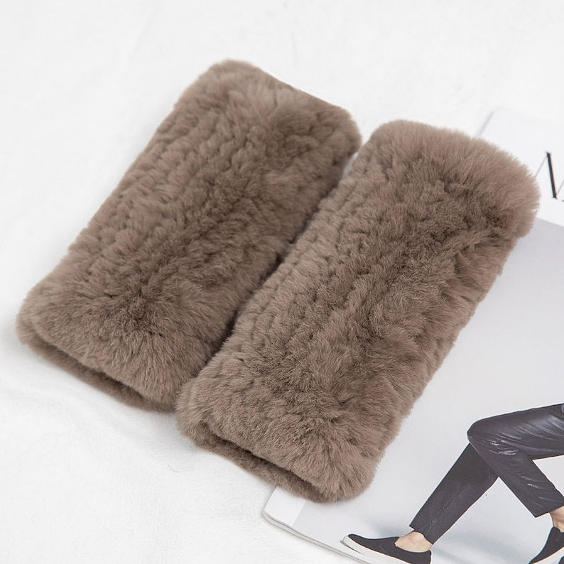 Thumbnail: Knit Rex Rabbit Fur Fingerless Gloves