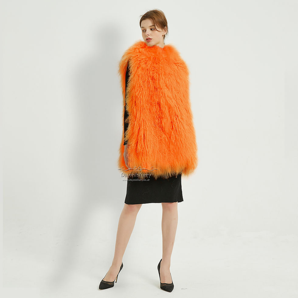 Thumbnail: Mongolian Lamb Fur Hooded Vest in Orange