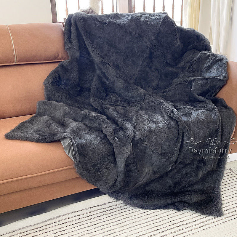 Thumbnail: Rabbit Fur Blanket / Throw in Charcoal