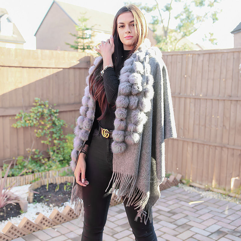 Thumbnail: Wool Shawl With Rabbit Fur Balls