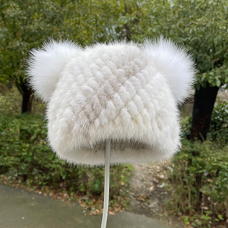 Thumbnail: Knit Mink Fur Hat with Fox Fur Pom Pom