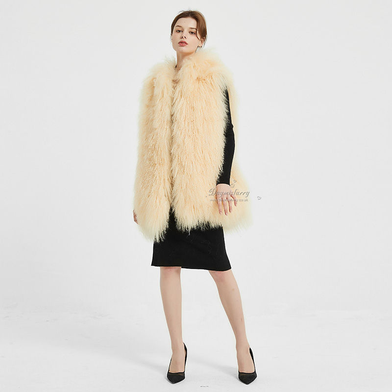 Thumbnail: Mongolian Sheepskin Hoody Vest in Beige