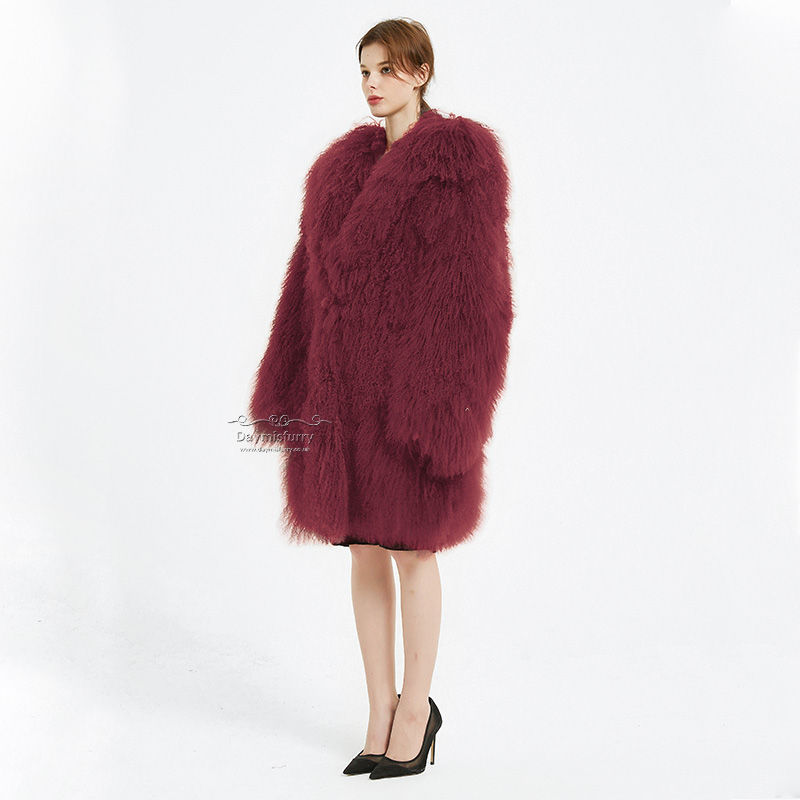Thumbnail: Mongolian Lamb Wool Coat in Burgundy