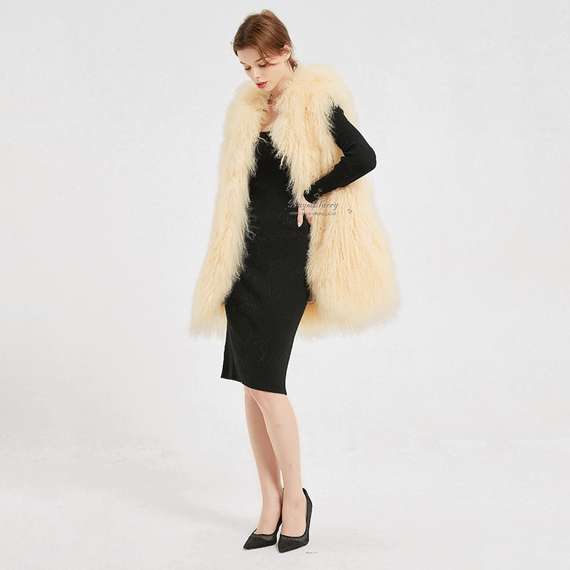 Thumbnail: Mongolian Sheepskin Hoody Vest in Beige