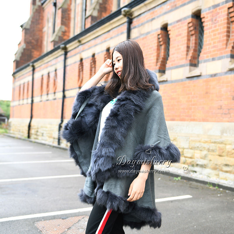 Thumbnail: Layered  Fox Fur Trim Cape in Grey