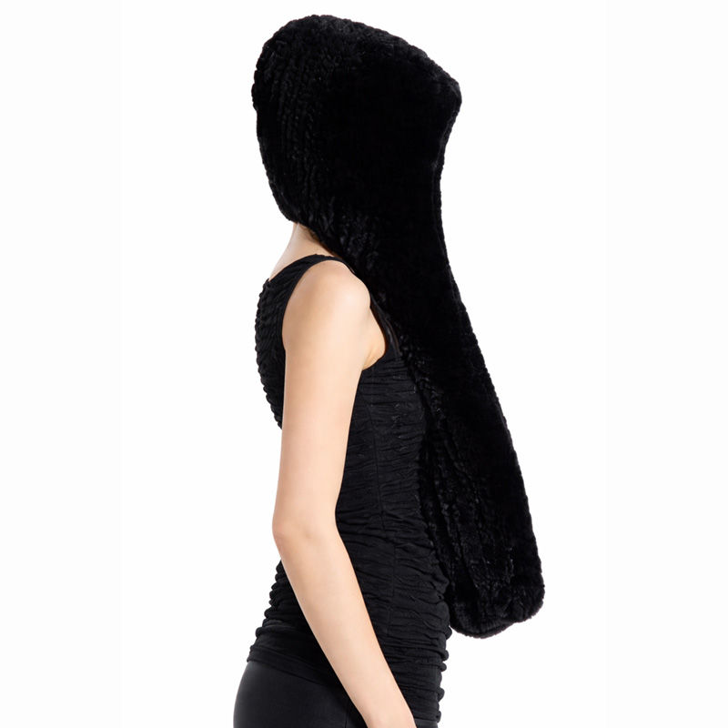 Thumbnail: Black Rex Rabbit Fur Hooded Scarf