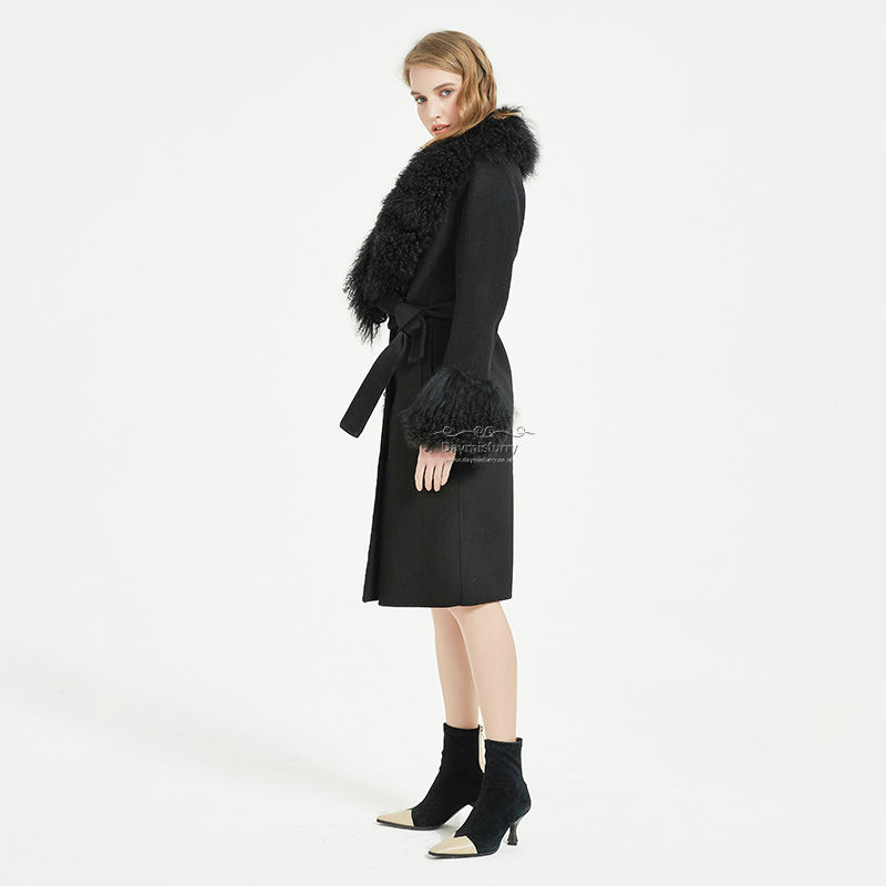 Thumbnail: Wool Jacket With Mongolian Wool Collar and Cuff in Black
