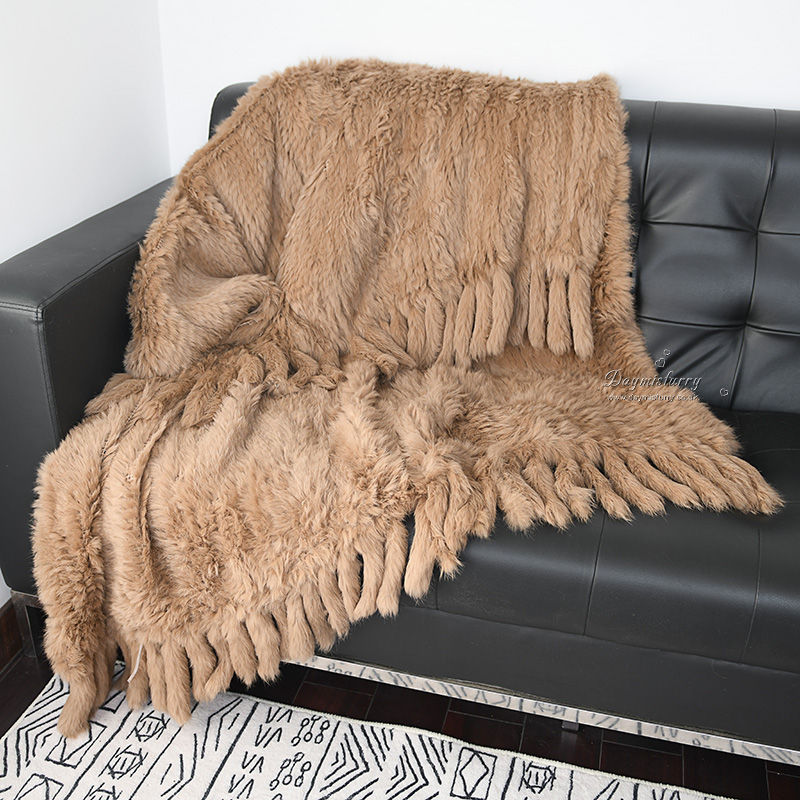 Thumbnail: Knit Rabbit Fur Blanket  With Tassels in Camel
