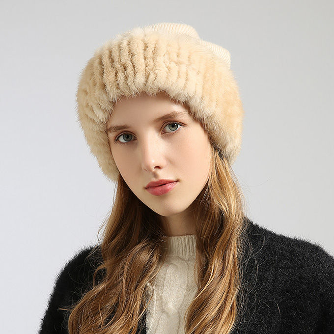 Thumbnail: Cashmere Knit Hat  With Mink Fur Trim &  Fur PomPom