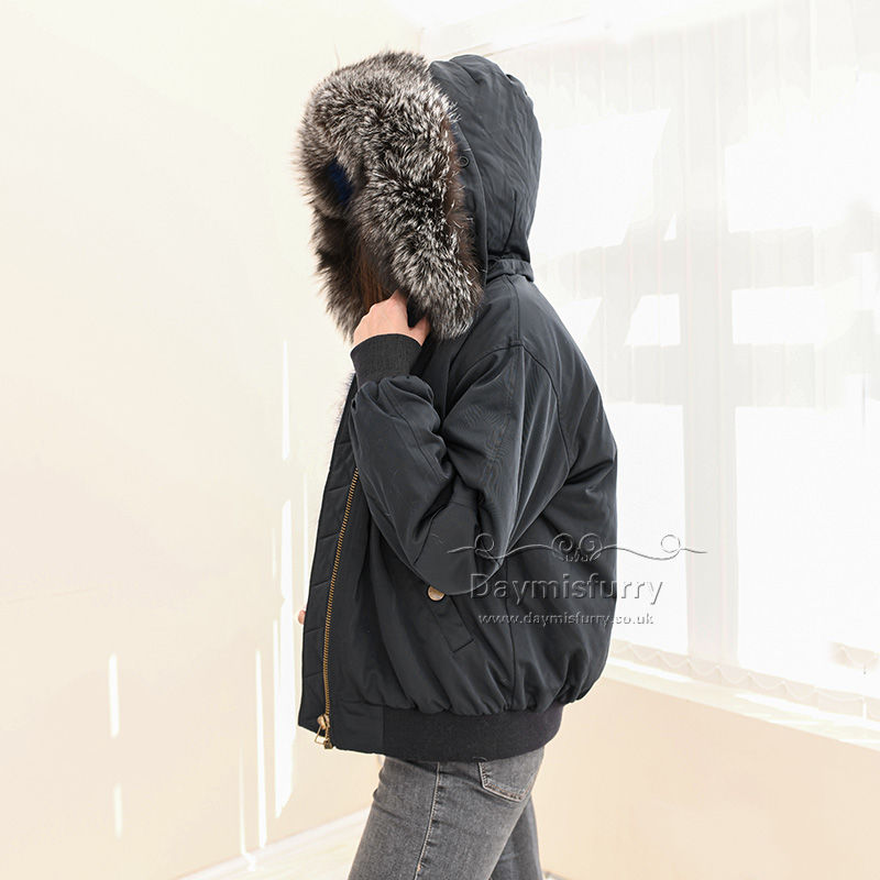 Thumbnail: Rabbit Fur Lined Bomber Jacket  With Silver Fox Fur Collar