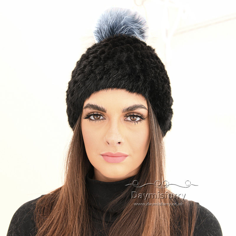 Thumbnail: Knit Mink Fur Beanie With Fox Fur Pom