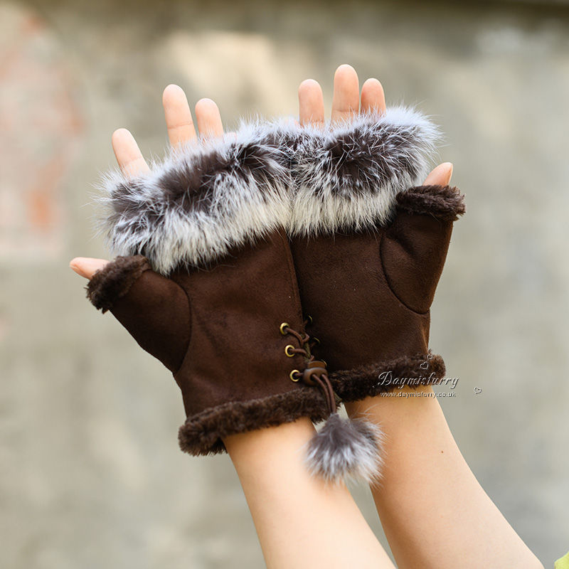 Thumbnail: Micro-suede Fingerless Gloves with Rabbit Fur Trim