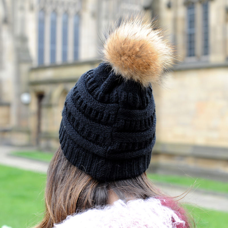Thumbnail: Knit Beanie Hat With Finn Raccoon Pom Pom