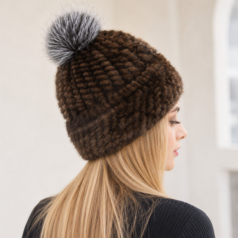 Thumbnail: Brown Mink Fur Hat With Fox Fur Pom