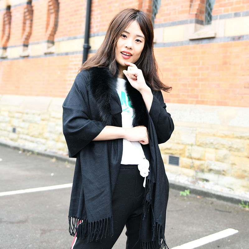 Thumbnail: Cashmere-like Cape With Fox Fur Trim in Black