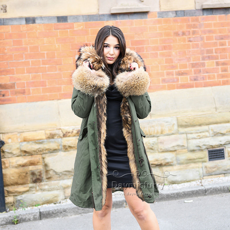 Thumbnail: Rabbit Fur Lined Parka Jacket With Raccoon Fur Trim and Cuff