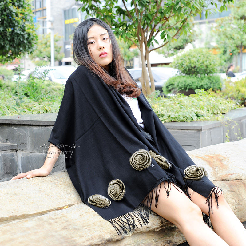 Thumbnail: Cashmere-Like Shawl With Rex Rabbit Fur Flower in Black