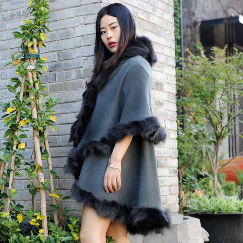 Thumbnail: Layered  Fox Fur Trim Cape in Grey