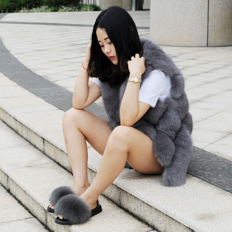 Thumbnail: Fox Fur Furry Mules In Dark Grey