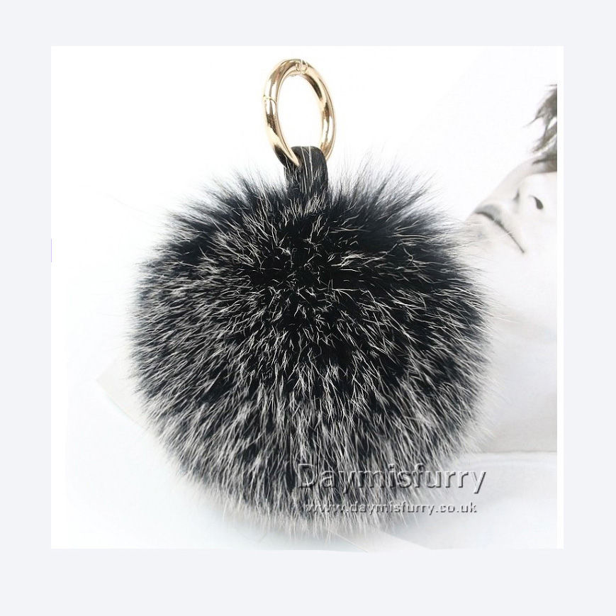 Thumbnail: Fox Fur Ball Bag Charm Pendant - Black Frost