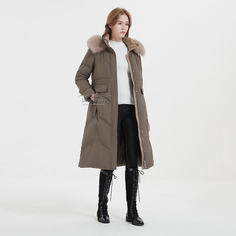 Thumbnail: Down Coat With Fox Fur Collar in  Mocha