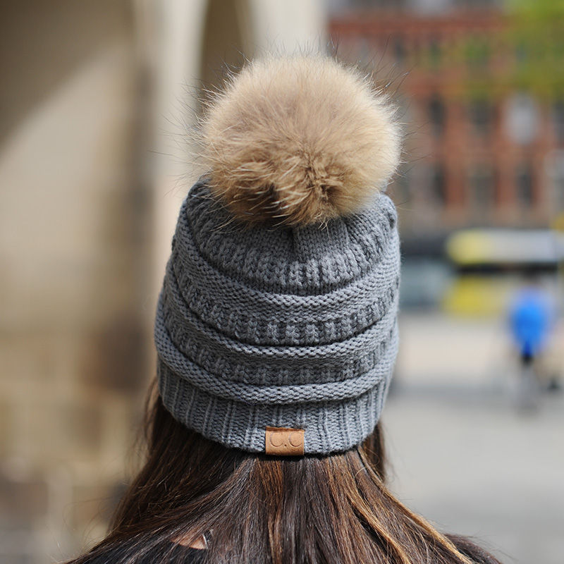 Thumbnail: Knit Beanie Hat With Finn Raccoon Pom Pom