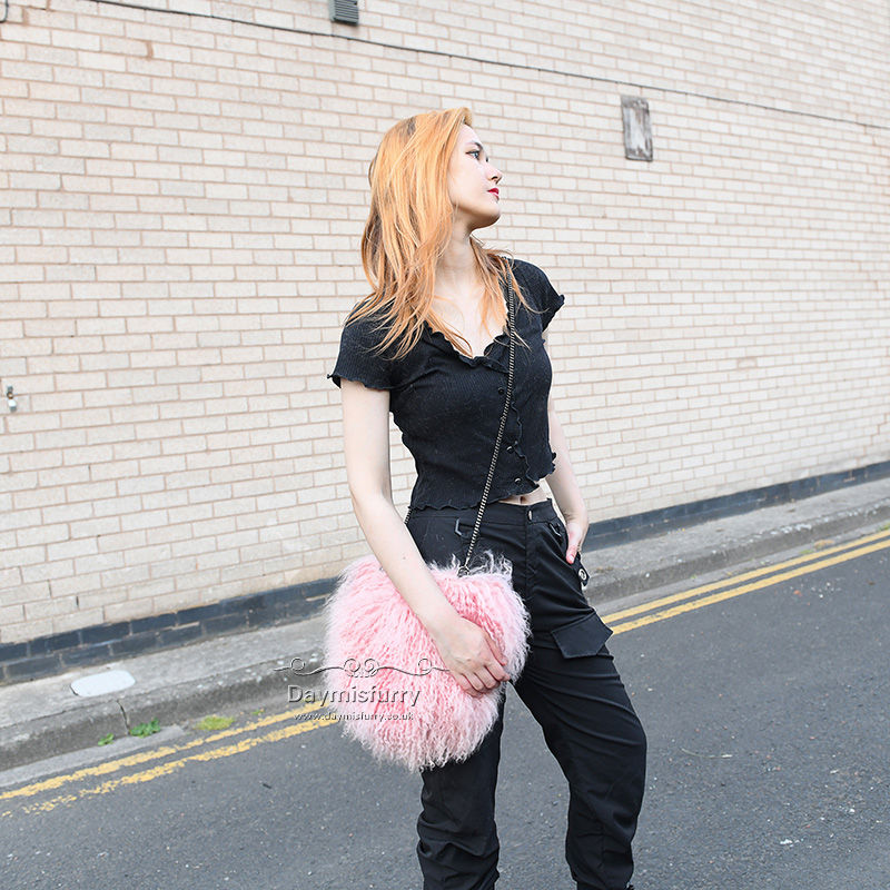 Thumbnail: Mongolian Sheepskin Lamb  Shoulder Bag - Pink