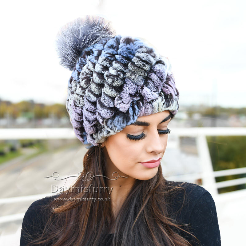 Thumbnail: Knit Rex Rabbit Fur Beanie Hat With Fox Fur Pom