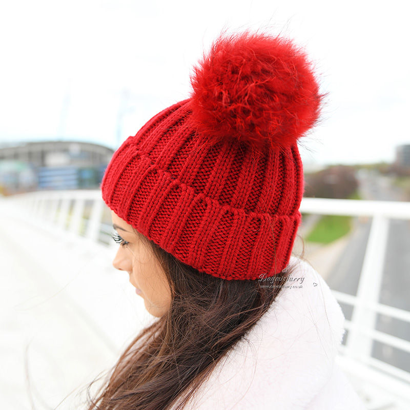 Thumbnail: Red Beanie Hat with Double Raccoon Fur Pom Poms