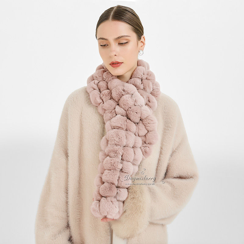 Thumbnail: Rex Rabbit Fur Pom Pom Scarf in Blush Pink/ Beige