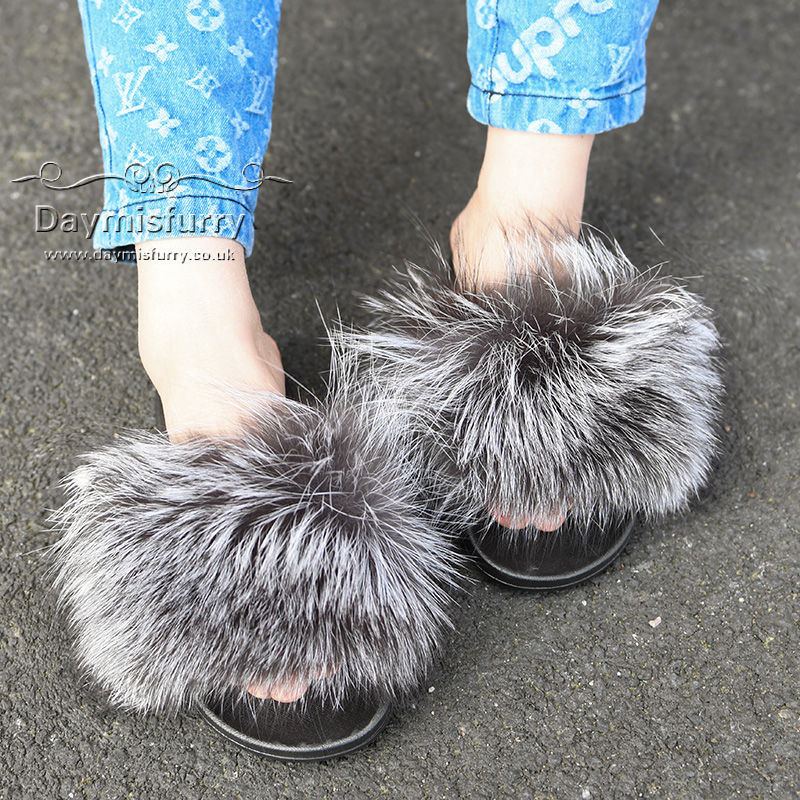 Thumbnail: Silver Fox Fur Slides - Natural