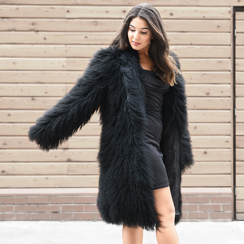 Thumbnail: Mongolian Lamb Fur Coat in Black