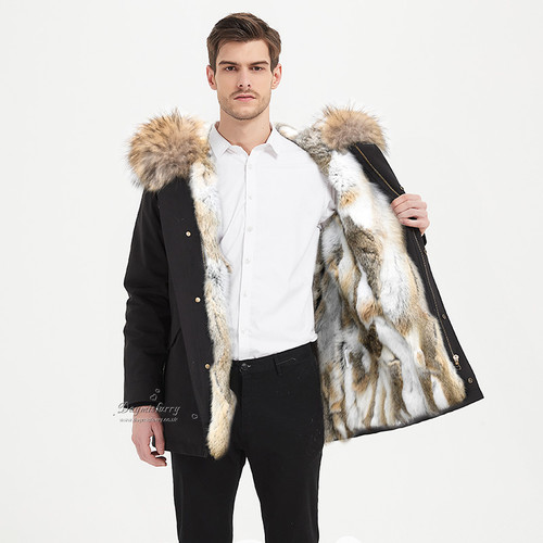 Men's Rabbit Fur Lined Parka with Real Fur Collar daymisfurry