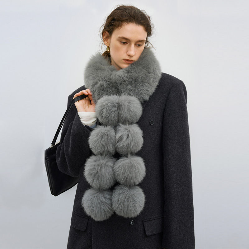 Thumbnail: Fox Fur Pom Pom Scarf in Grey / Black