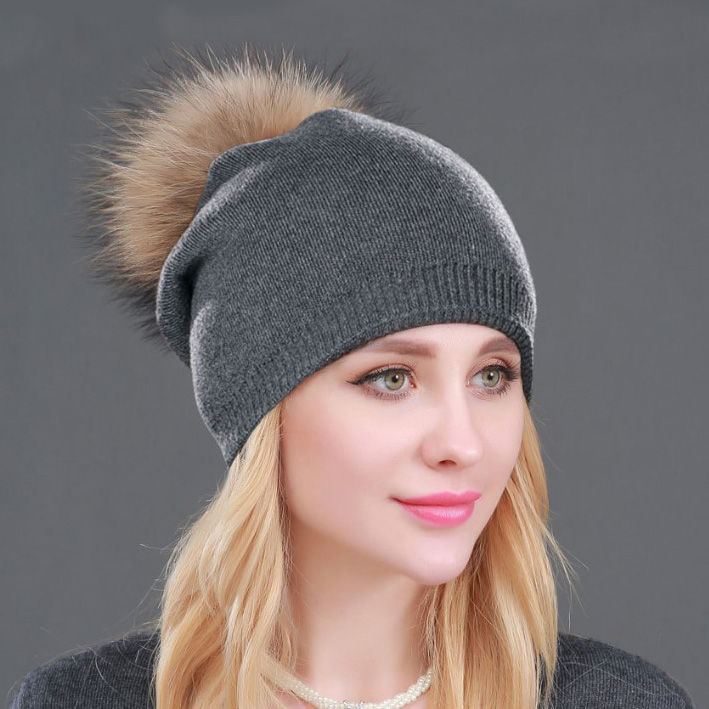 Thumbnail: Wool Beanie Hat With Real  Fur Pom Pom