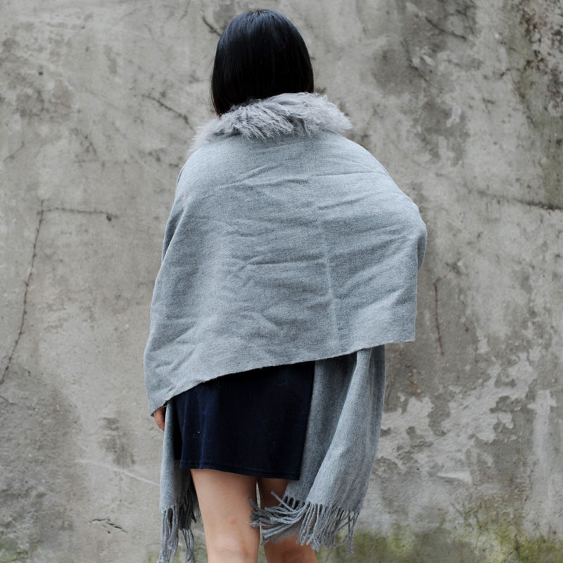 Thumbnail: Cashmere-like Cape with Mongolian Lamb Wool Trim