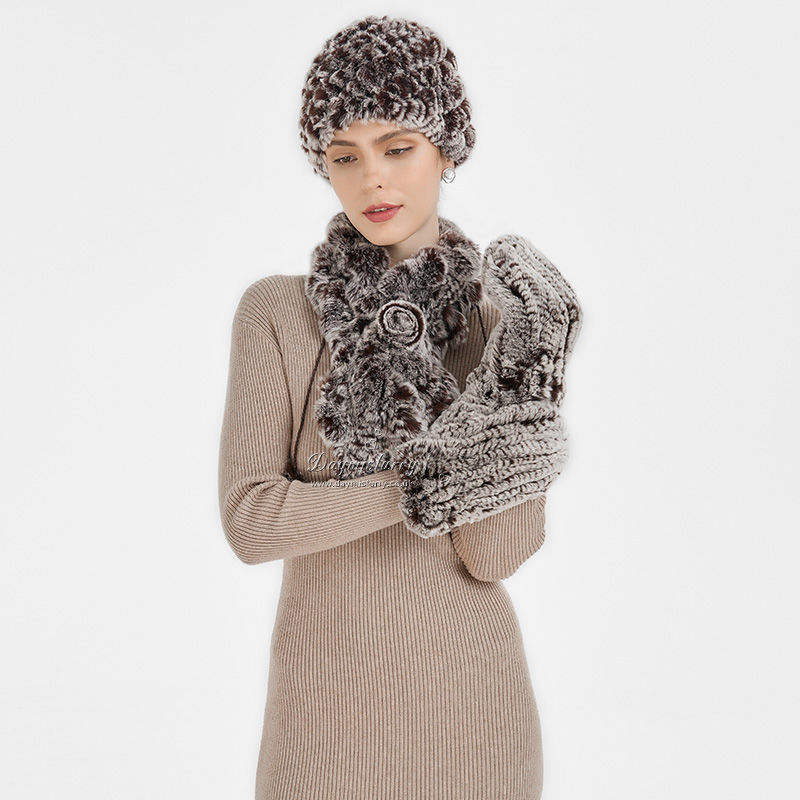 Thumbnail: Rex Rabbit Fur 3-Piece Set – Scarf, Hat & Gloves