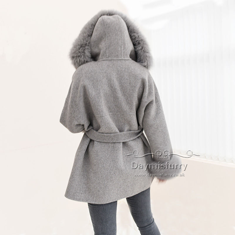 Thumbnail: Wool Blender Mix Jacket With Fox Fur Trim Hood in Grey