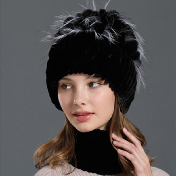 Thumbnail: Rex Rabbit Fur Hat Scarf Set in Black
