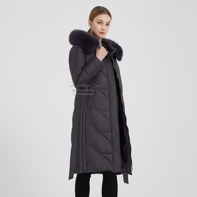 Thumbnail: Down Coat With Fox Fur Collar in Plum Colour